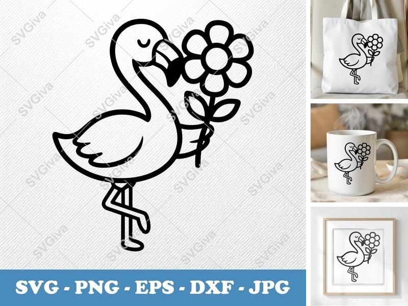 Flamingo SVG | Modern Clean Line Art with Flower | Cute Bird PNG EPS DXF for Cricut, Silhouette | Tropical Animal Clipart