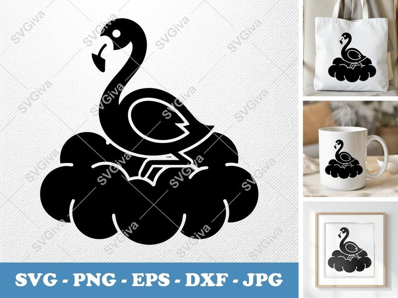 Flamingo SVG, Modern Cloud Design, Tropical Bird Cut File, PNG EPS DXF for Cricut & Silhouette, Digital Download