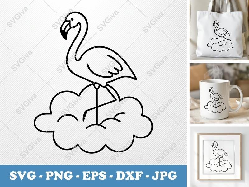 Flamingo SVG | Modern Cloud Design | Tropical Bird PNG, EPS, DXF | Cricut, Silhouette Cut File | Simple Line Art