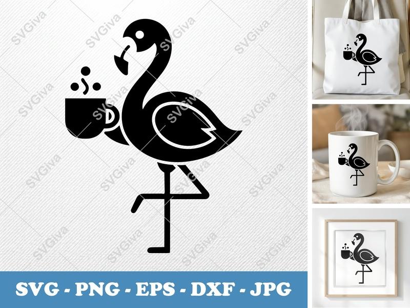 Flamingo SVG, Modern Coffee Flamingo Cut File PNG EPS DXF | Cricut & Silhouette Design | Tropical Bird Clip Art