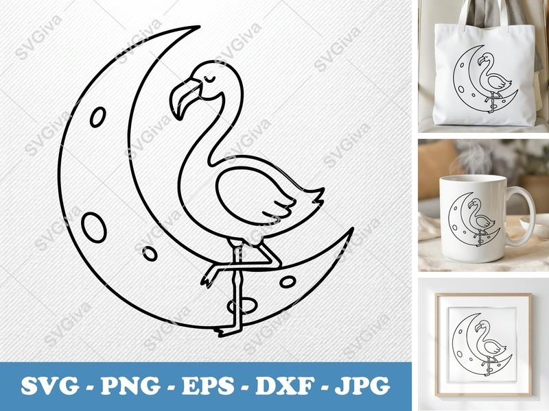 Flamingo SVG | Modern Crescent Moon Cut File | Tropical Bird Silhouette DXF PNG EPS for Cricut & Silhouette
