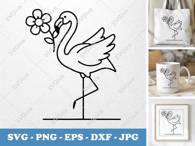 Flamingo SVG | Modern Flamingo with Flower Cut File | PNG EPS DXF for Cricut, Silhouette | Tropical Bird Design