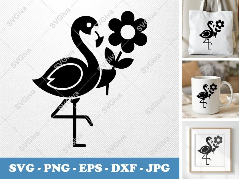 Flamingo SVG | Modern Flamingo with Flower Cut File | Tropical Bird PNG, EPS, DXF for Cricut & Silhouette Design
