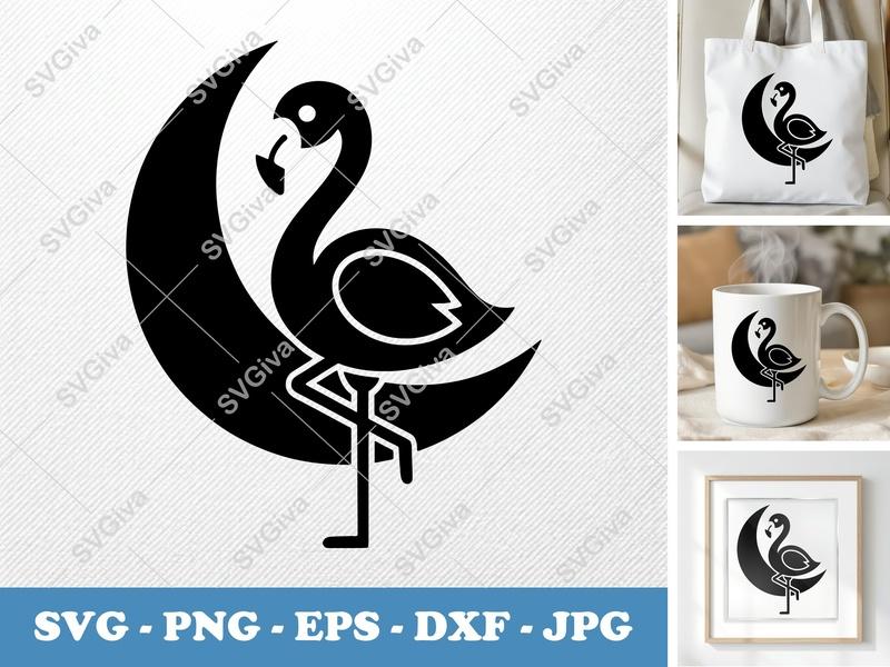 Flamingo SVG | Moon Bird Cut File | Modern Design | PNG EPS DXF for Cricut & Silhouette | Tropical Animal Art