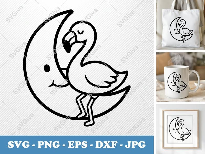 Flamingo SVG | Moon Cut File | Modern Bird Clipart for Cricut, Silhouette | PNG EPS DXF Vector Design