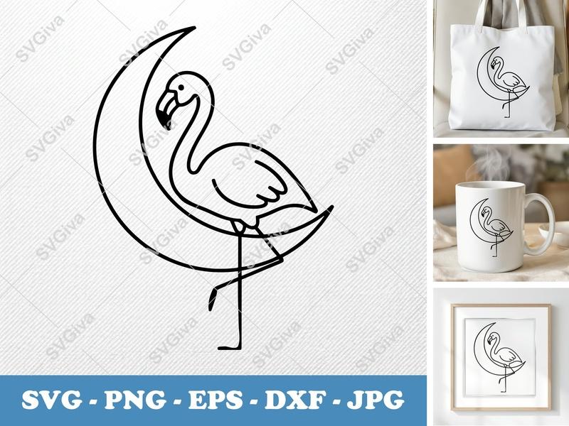 Flamingo SVG | Moon Cut File | Tropical Bird Line Art | PNG EPS DXF | Cricut Silhouette File