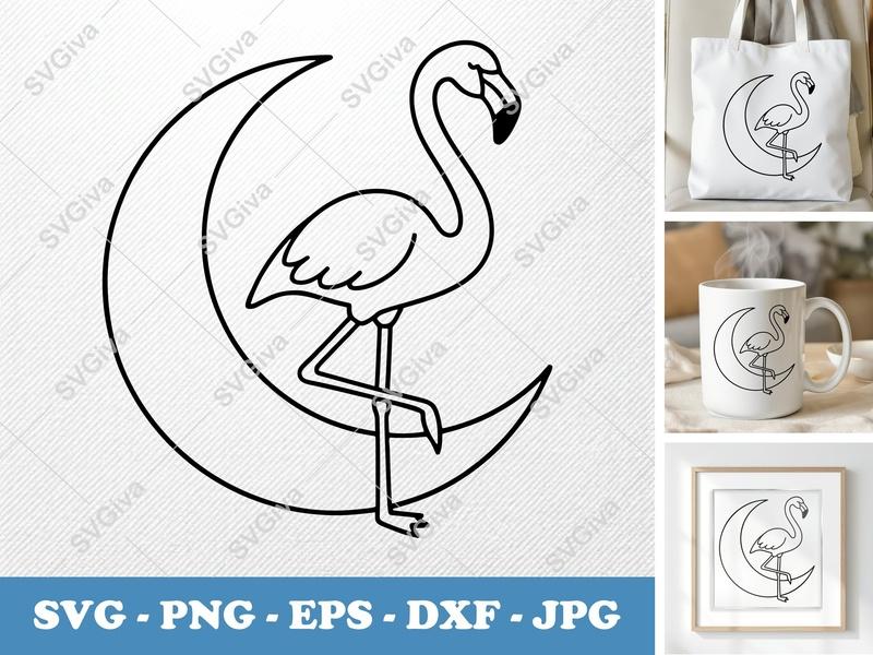 Flamingo SVG | Moon Cut File | Tropical Bird PNG, EPS, DXF for Cricut & Silhouette | Modern Clean Line Art