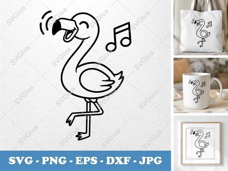Flamingo SVG | Singing Bird with Music Note | PNG EPS DXF | Cricut Silhouette Cut File | Tropical Animal Clipart