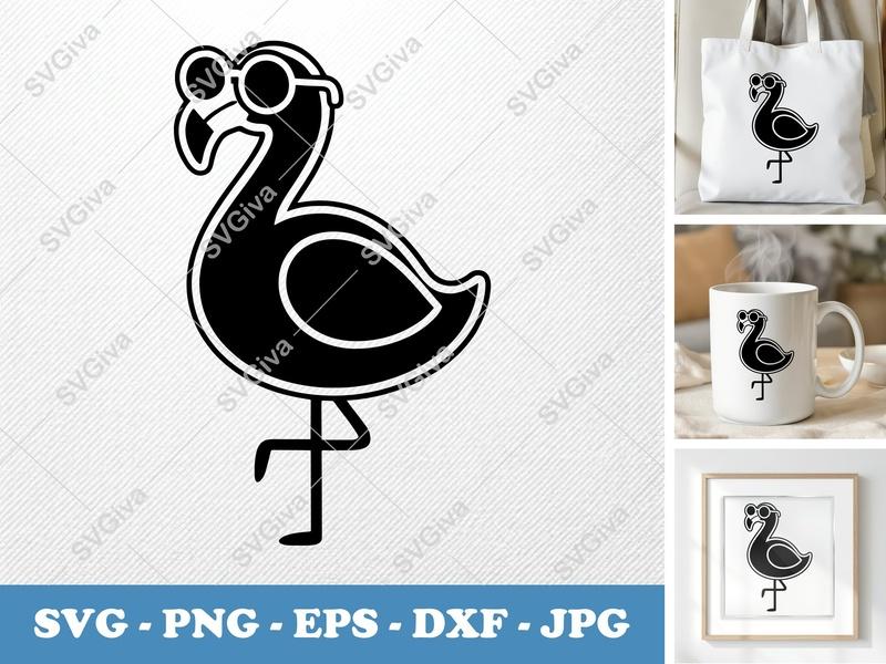 Flamingo SVG | Sunglasses Black Bird | Modern Tropical Summer PNG EPS DXF | Cricut Silhouette Cut File | Holiday Vacation Design