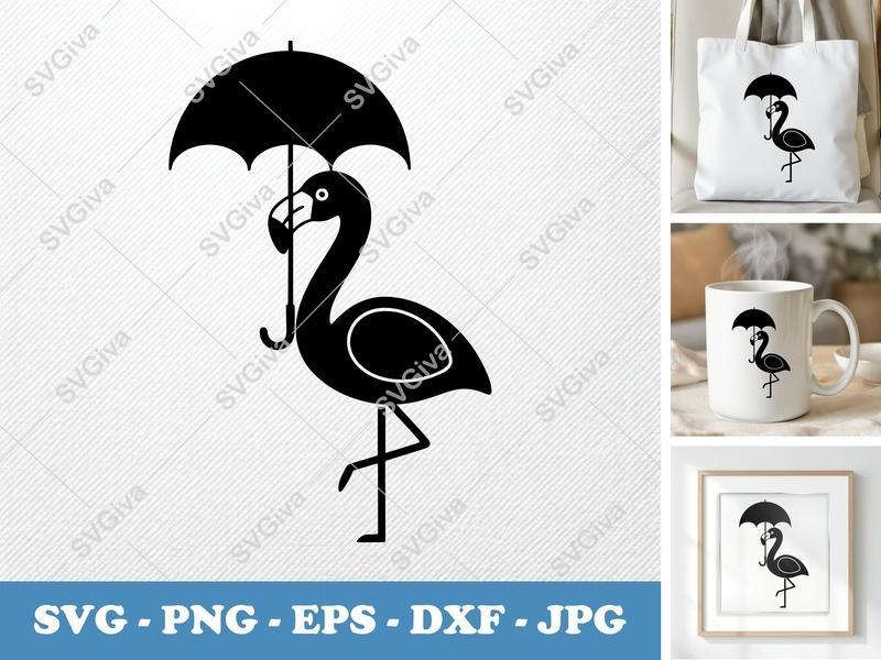 Flamingo SVG, Umbrella Cut File | Modern Bird Silhouette | PNG EPS DXF for Cricut, Silhouette | Tropical Art Vector