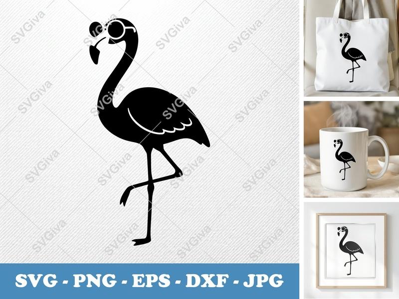 Flamingo SVG with Glasses | Modern Clean Design | PNG EPS DXF | Cricut Silhouette Cut File Tropical Bird Art