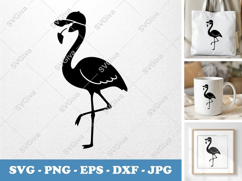 Flamingo SVG with Hat and Sunglasses | Modern Tropical Bird PNG EPS DXF | Cricut Silhouette Cut File Summer Clipart