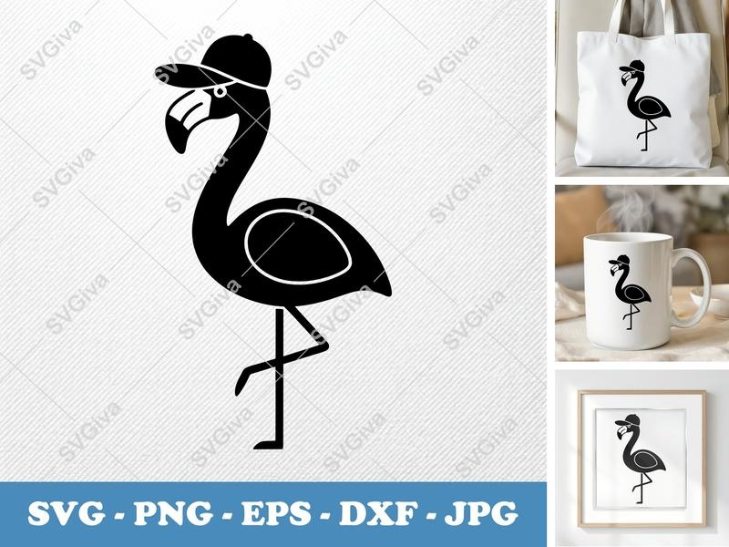 Flamingo SVG with Hat | Modern Clean Cut File for Cricut, Silhouette | PNG EPS DXF | Summer Bird Design