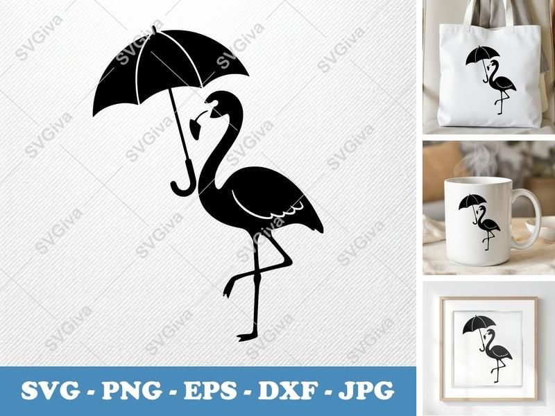 Flamingo SVG with Umbrella Cut File | Modern Bird Silhouette | PNG EPS DXF | Cricut Silhouette Design | Tropical Art
