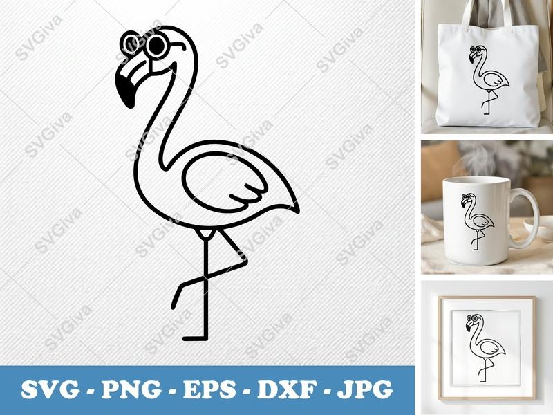 Flamingo Wearing Sunglasses SVG PNG DXF EPS | Cricut Silhouette Cut File | Tropical Bird Vector Art