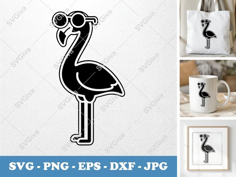 Flamingo Wearing Sunglasses SVG PNG DXF EPS | Cricut Silhouette Tropical Bird Cut File