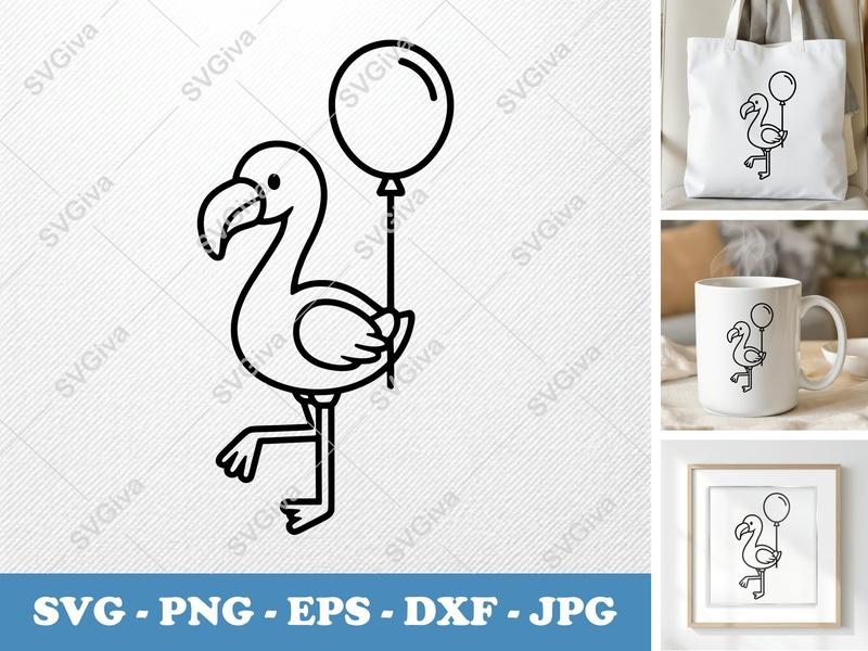 Flamingo with Balloon SVG | Cute Bird Cut File | Outline PNG EPS DXF for Cricut, Silhouette | Modern Animals