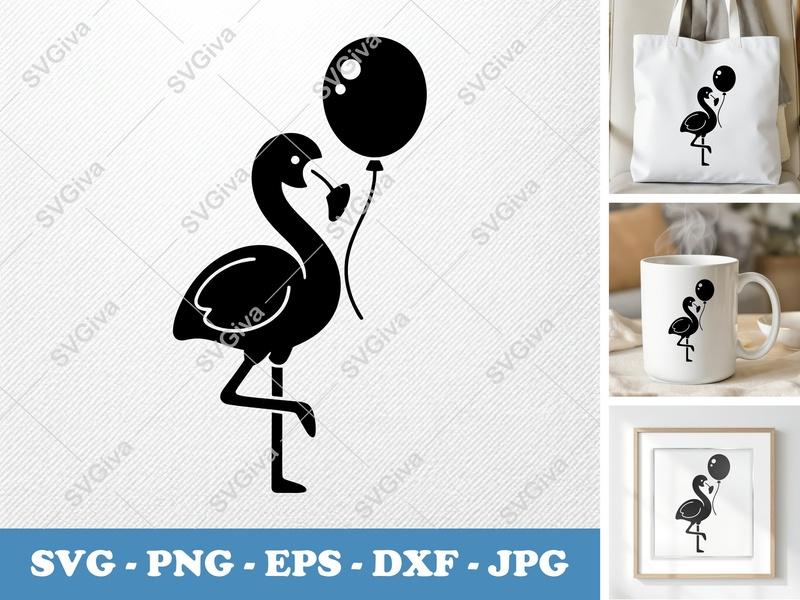 Flamingo with Balloon SVG PNG DXF EPS | Cricut Silhouette Cut File | Party Animal Tropical Bird Art