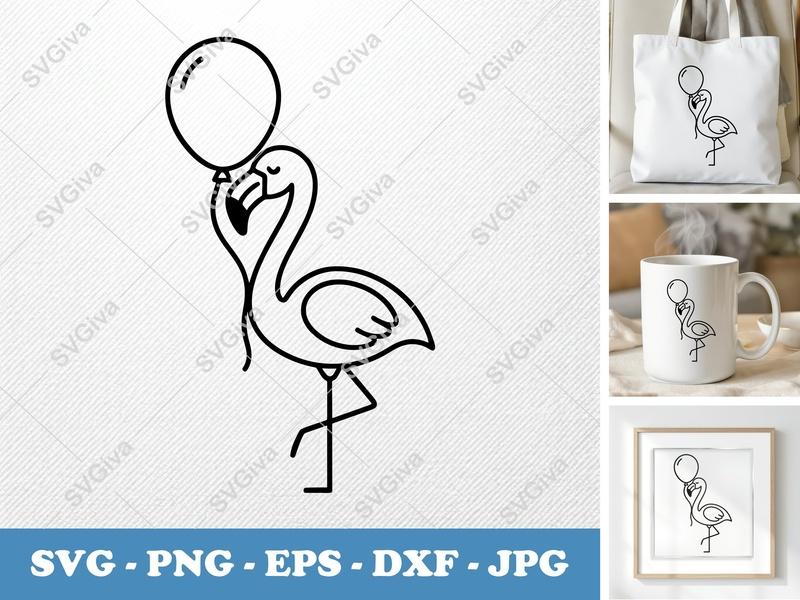 Flamingo with Balloon SVG PNG DXF EPS | Tropical Bird Cut File Cricut Silhouette