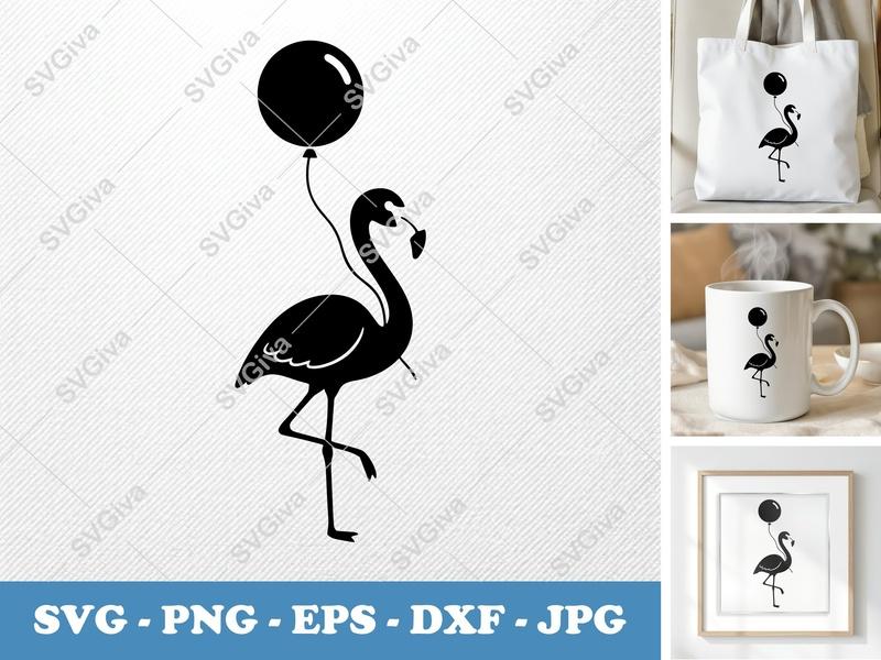 Flamingo with Balloon SVG | Puffy Shape Vector | Soft Inflated Design | PNG DXF EPS | Cricut Silhouette File