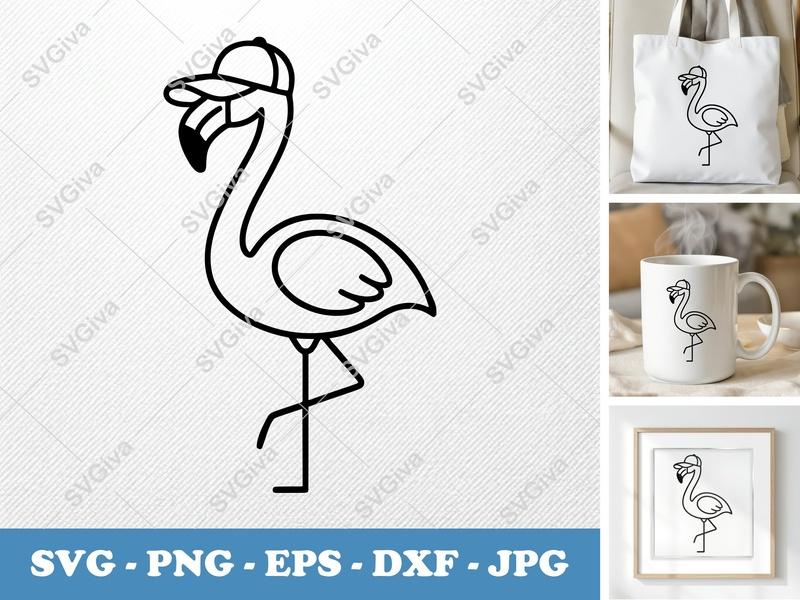Flamingo with Cap SVG | Tropical Bird Cut File PNG DXF EPS Cricut Silhouette Summer Beach Art