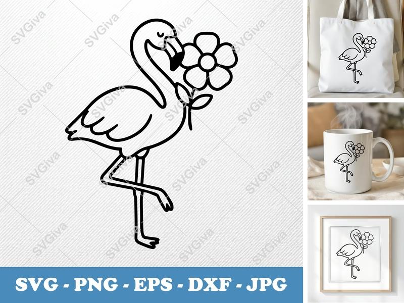Flamingo with Flower SVG PNG DXF EPS | Tropical Bird Cut File Cricut Silhouette