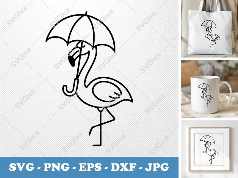 Flamingo with Umbrella SVG PNG DXF EPS | Bird Cut File Cricut Silhouette