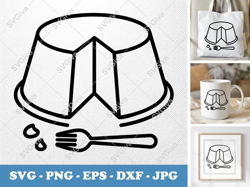 Flan SVG, Modern Dessert Cut File with Fork, Pudding Food Clipart PNG EPS DXF for Cricut Silhouette, Cake Slice Vector