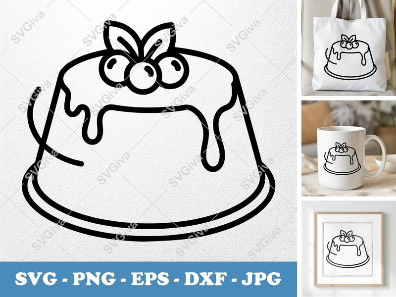Flan SVG, Pudding Cut File, Dessert with Berries & Glaze, PNG EPS DXF for Cricut & Silhouette, Modern Food Clipart