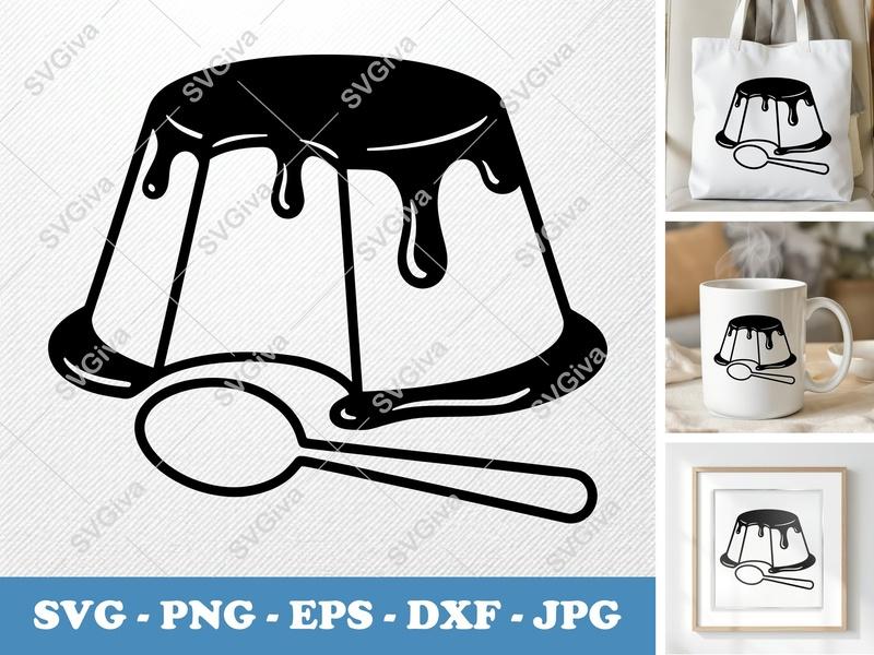 Flan SVG Pudding Dessert with Spoon | Modern Clean Design, Foodie PNG EPS DXF for Cricut Silhouette