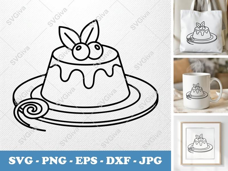 Flan with Garnish SVG | Minimalist Double-Outline Cut File | PNG DXF EPS for Cricut Silhouette