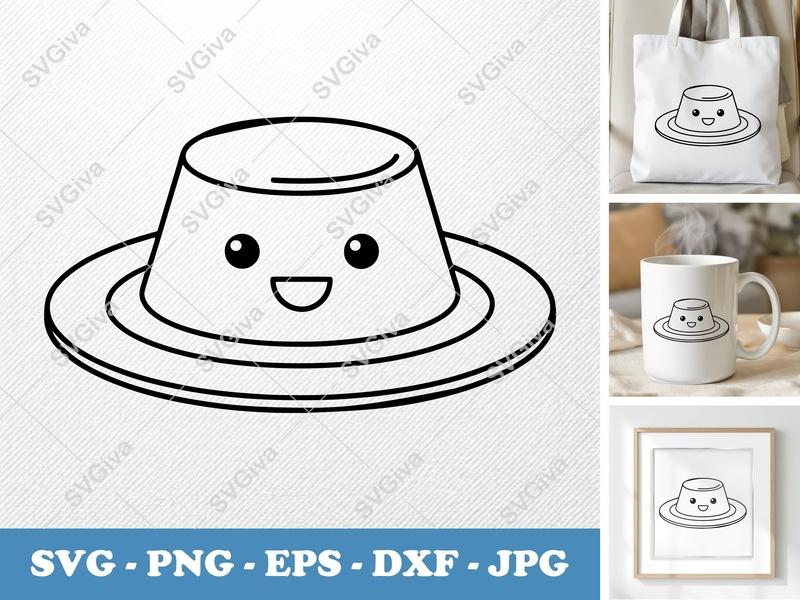Flan with Smiling Face SVG | Double-Outline Kawaii Dessert Cut File | Thick Contour, Thin Lines | PNG DXF EPS | Cricut Silhouette