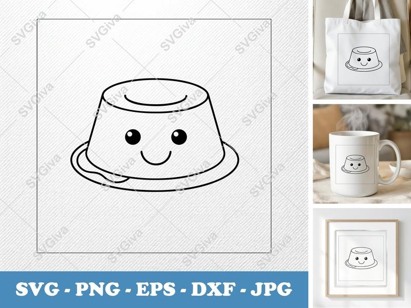 Flan with smiling face SVG | Kawaii Rounded Body EPS DXF PNG | Friendly Dessert Cut File for Cricut Silhouette