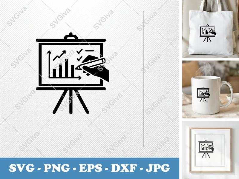 Flip Chart SVG, Presentation Board with Graph and Writing Hand, Modern Business Icon, PNG EPS DXF for Cricut, Silhouette