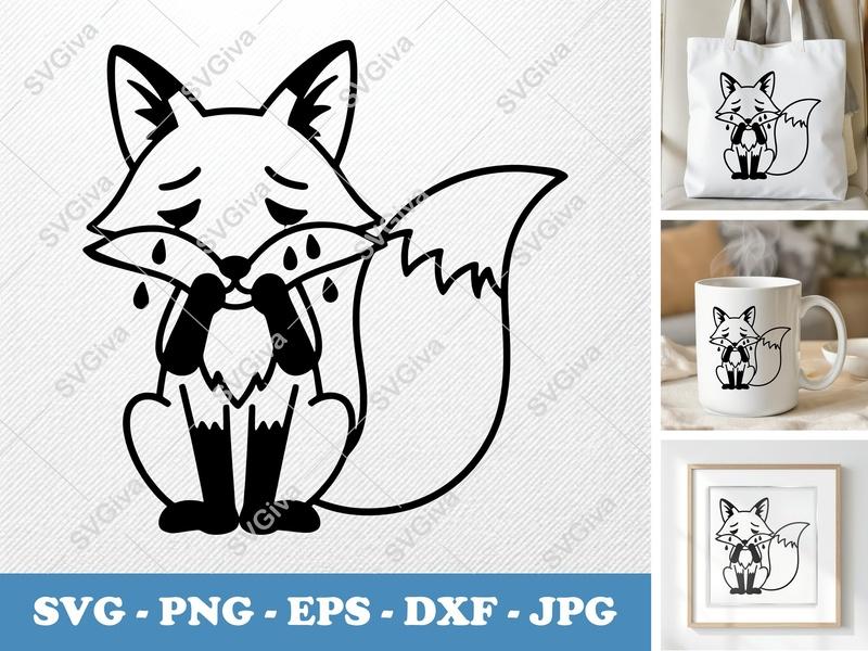 Fox Crying SVG | Sad Fox Clipart, Outline Animal Cut File | PNG EPS DXF for Cricut & Silhouette