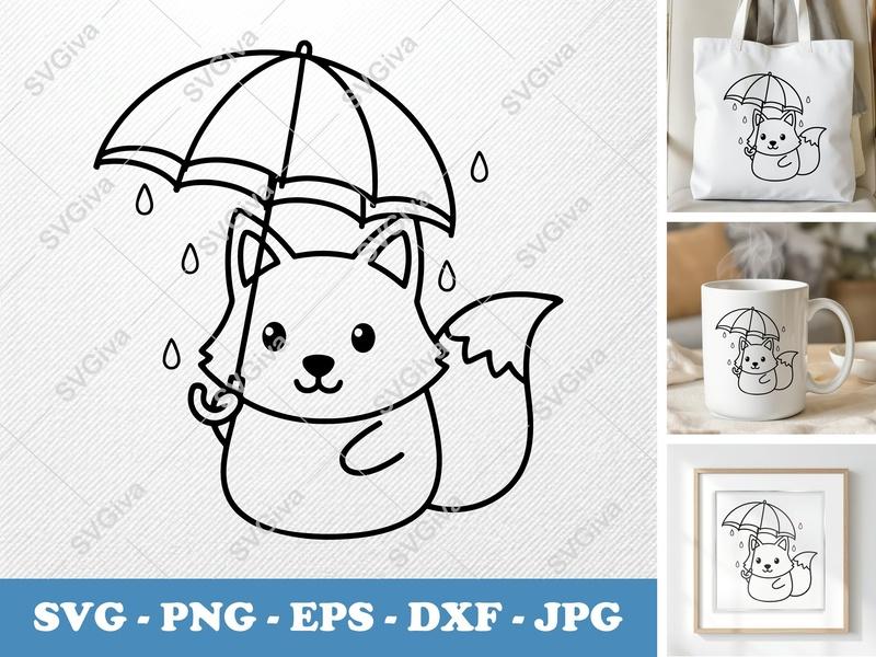 Fox Holding Umbrella SVG PNG DXF EPS | Cricut Silhouette Cut File