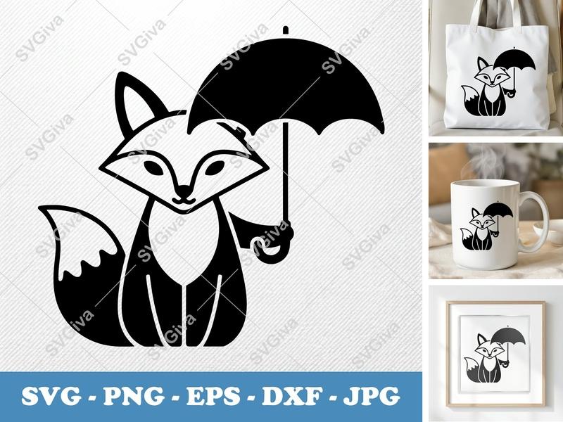 Fox holding umbrella SVG | Puffy Animated Style | PNG DXF EPS | Cricut Silhouette Cut File