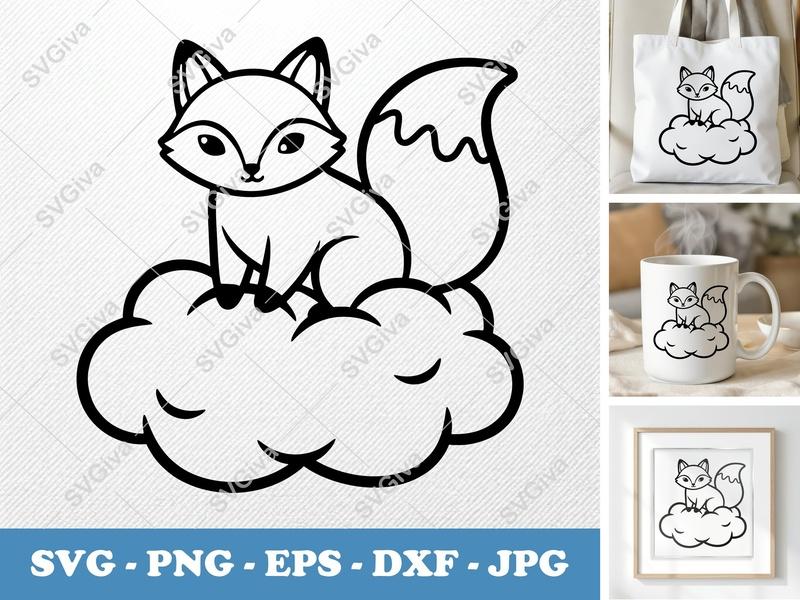 Fox on Cloud SVG | Cute Animal Cut File, Baby Nursery Clipart, Digital Download for Cricut, Silhouette | PNG EPS DXF