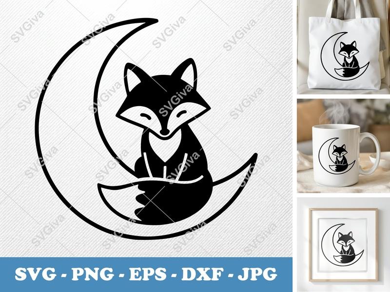Fox on Moon SVG | Crescent Moon Fox Cut File | Animal Clipart PNG EPS DXF for Cricut & Silhouette