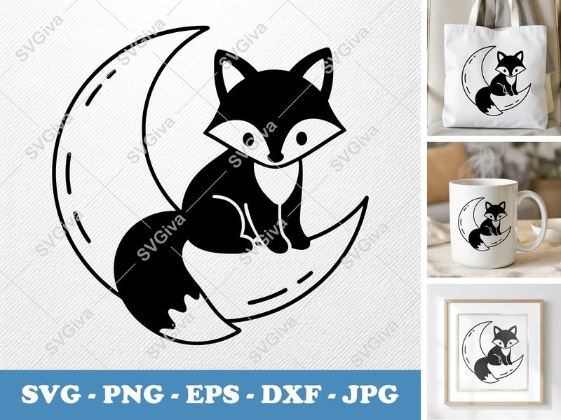 Fox on Moon SVG | Cute Crescent PNG EPS DXF | Woodland Animal Cut File for Cricut & Silhouette