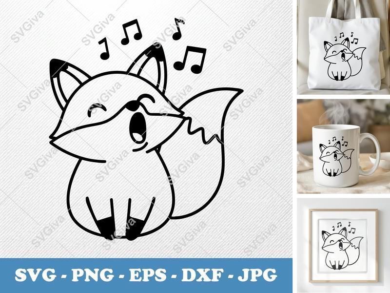 Fox Singing SVG | Cute Animal Music Notes PNG EPS DXF Cut File for Cricut & Silhouette | Cartoon Woodland Critter