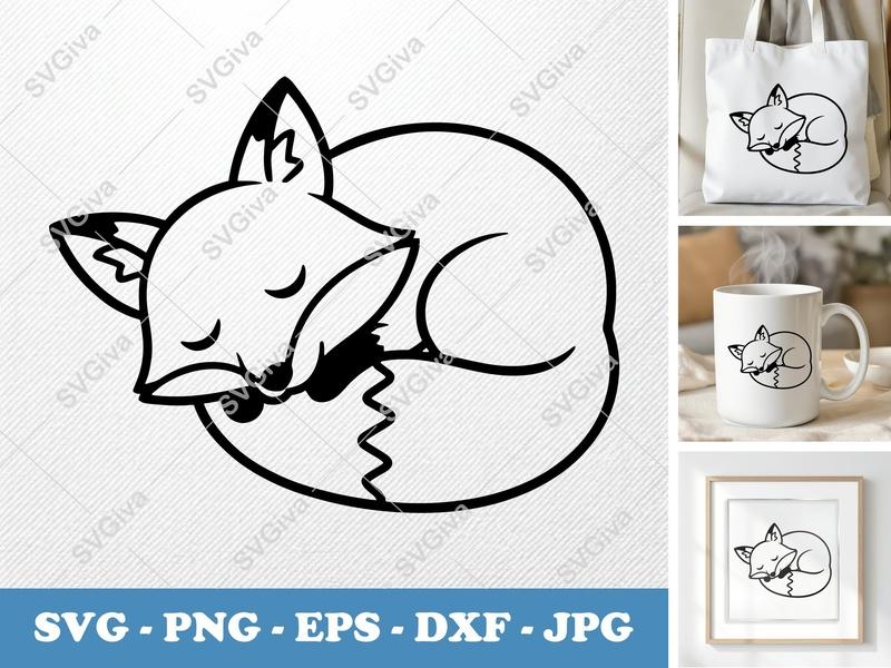Fox Sleeping SVG | Cute Animal Cut File PNG EPS DXF for Cricut, Silhouette | Modern Woodland Clipart Vector