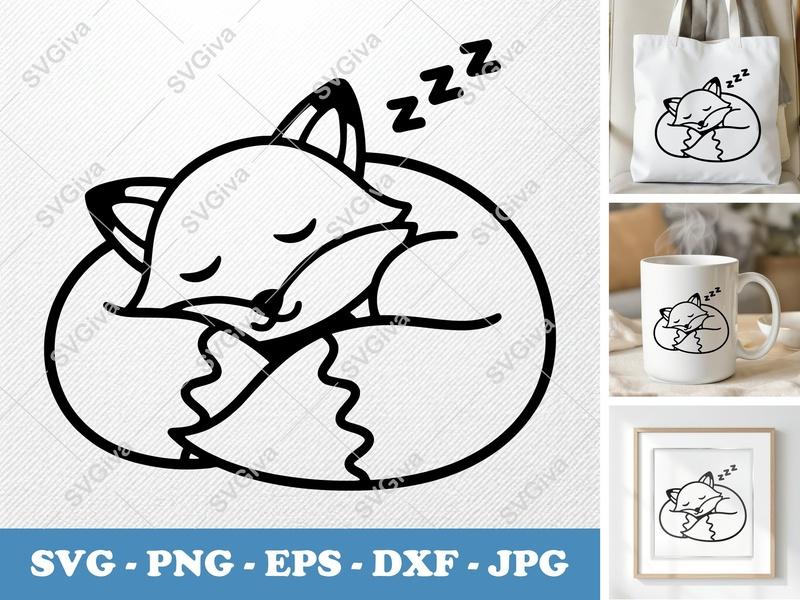 Fox Sleeping SVG, Cute Minimalist Fox Zzz, Animal Cut File, PNG EPS DXF for Cricut, Silhouette, Vector Clipart
