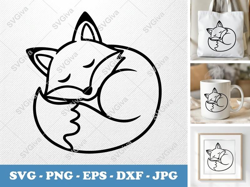 Fox Sleeping SVG | Minimalist Bold Contour Vector | Clean White Fill Cut File | PNG DXF EPS for Cricut Silhouette