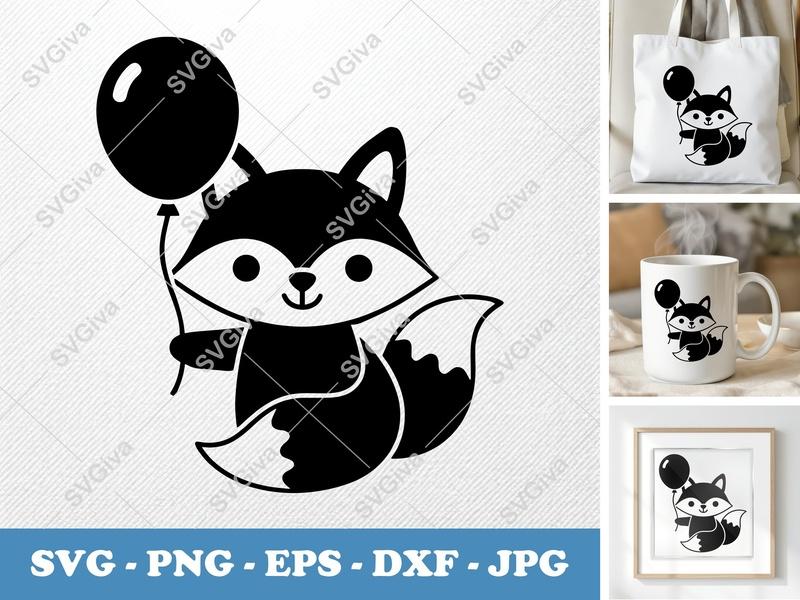 Fox SVG Cut File | Cute Fox with Balloon, Modern Clean Design | PNG EPS DXF for Cricut & Silhouette