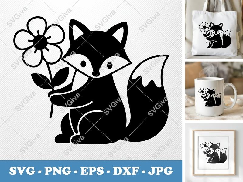 Fox SVG Cut File, Cute Fox with Flower Clipart, Modern Design, PNG EPS DXF for Cricut, Silhouette, Vector