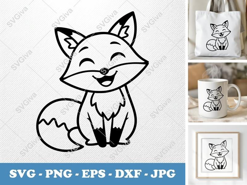 Fox SVG Cut File, Happy Fox Clipart, Cute Animal Outline PNG EPS DXF for Cricut & Silhouette, Modern Forest Creature Vector