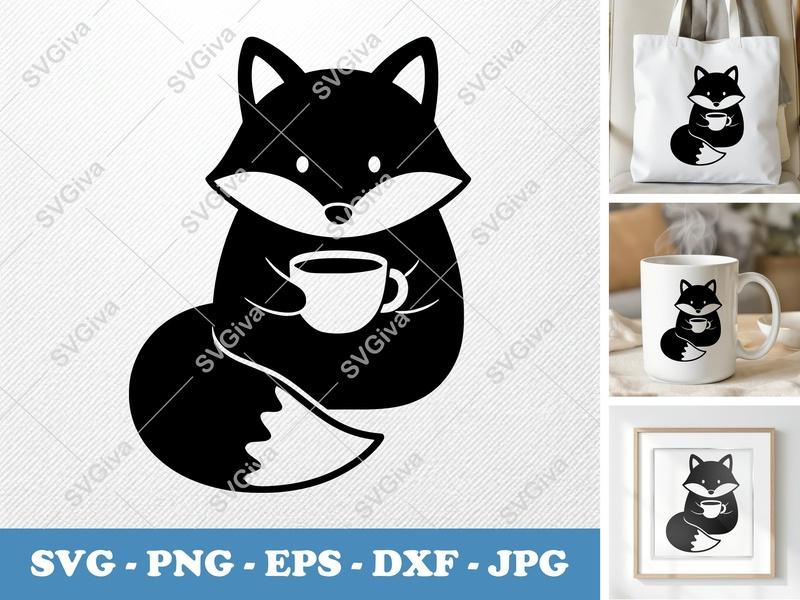 Fox SVG Cut File, Modern Clean Design Fox with Coffee Cup, PNG EPS DXF for Cricut & Silhouette, Animal Clipart