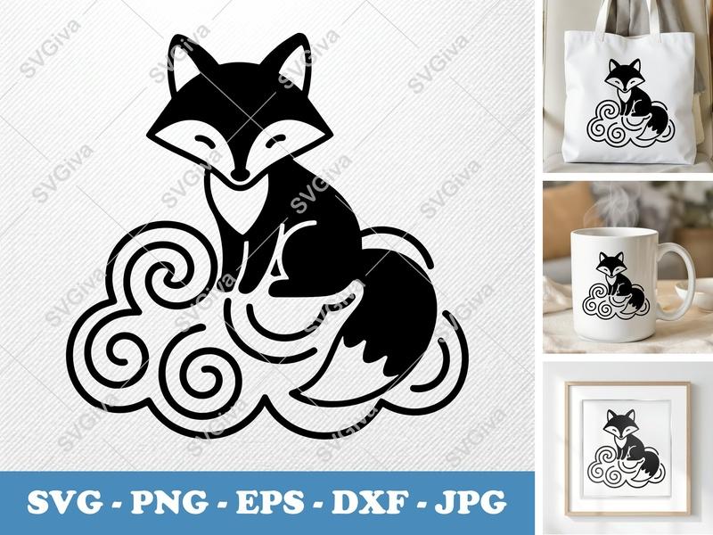Fox SVG Cut File, Modern Clean Fox on Cloud, Cute Animal PNG EPS DXF for Cricut & Silhouette, Baby Nursery Decor
