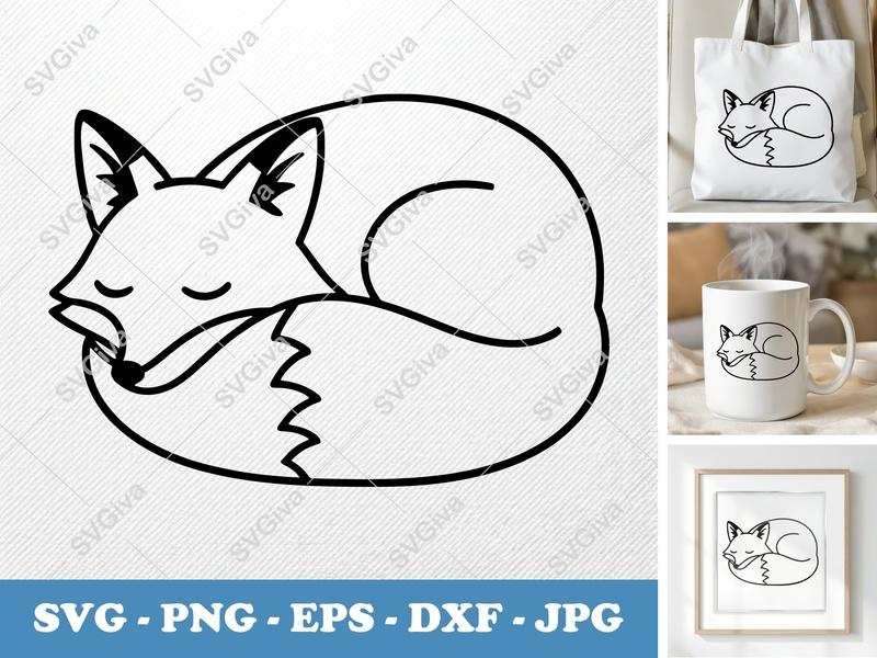 Fox SVG Cut File | Modern Clean Sleeping Fox | PNG EPS DXF for Cricut, Silhouette | Forest Animal Vector Clipart